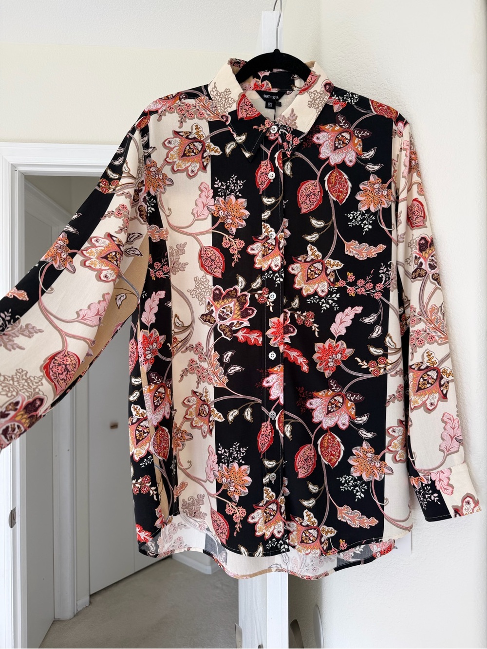 Saint+Sofia Floral Button-Up Long-Sleeve Shirt Black & Cream Size M NWT - Picture 4 of 11